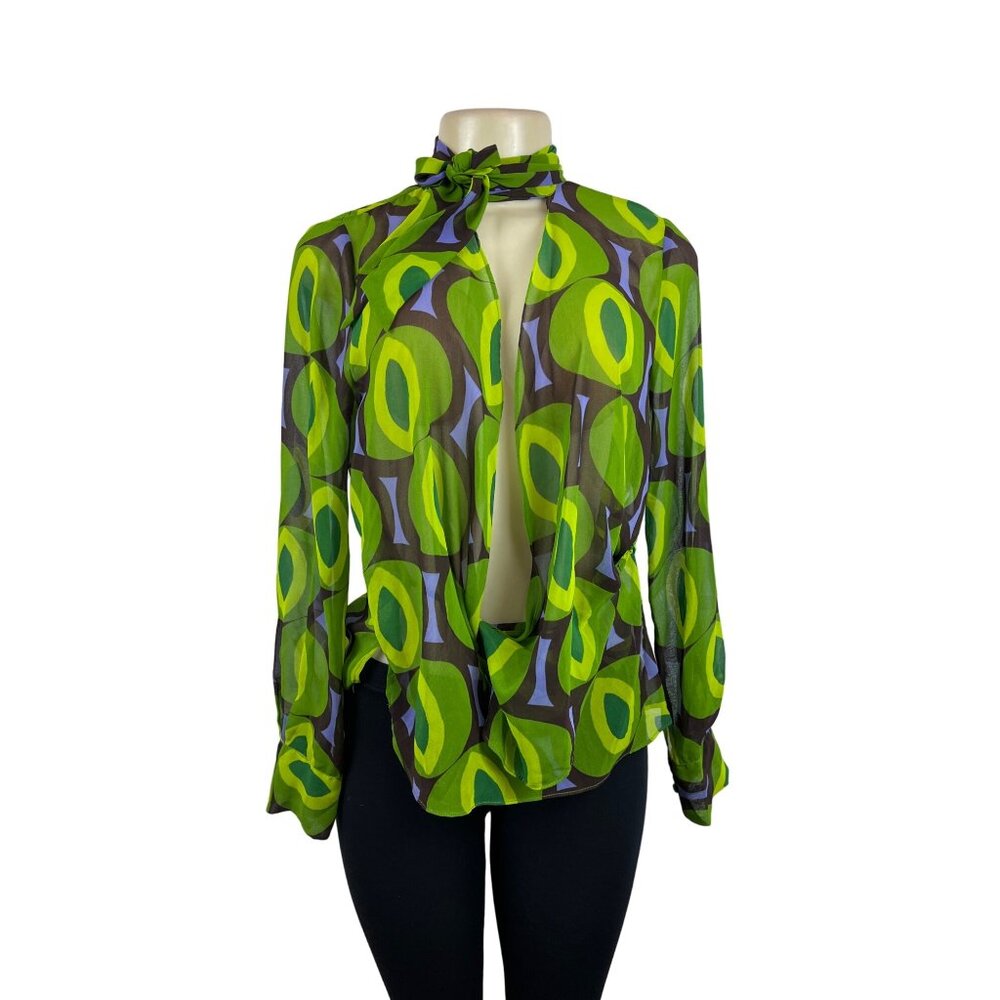 Zara Women's Retro Green & Brown Geometric Print Sheer Blouse Sz S - New